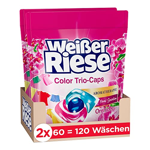 Weißer Riese Color Trio-Caps Aromatherapie Orchidee (120 Waschladungen), Color Waschmittel mit Good Mood-Duft für unwiderstehlich duftende & strahlend saubere Wäsche, 100 % recycelbar