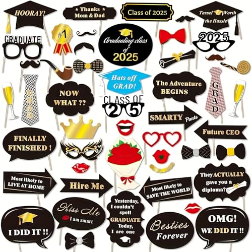 50 Stück Abschlussbild Requisiten, Abschlussfeiern Photo Booth Props Requisiten, Graduation Deko,Abi 2025 Deko, Graduation Doktorhut Masken Krawatte Brillen