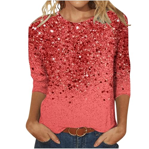 T Shirt Damen 3/4 Ärmel Glitzer Tshirt Pailletten Gedruckt T-Shirt Dünne Rundhals Pullover Regular Fit Langarmshirt Longsleeve Bluse Stretch Bequem Tunika Atmungsaktiv Oberteile Partywear