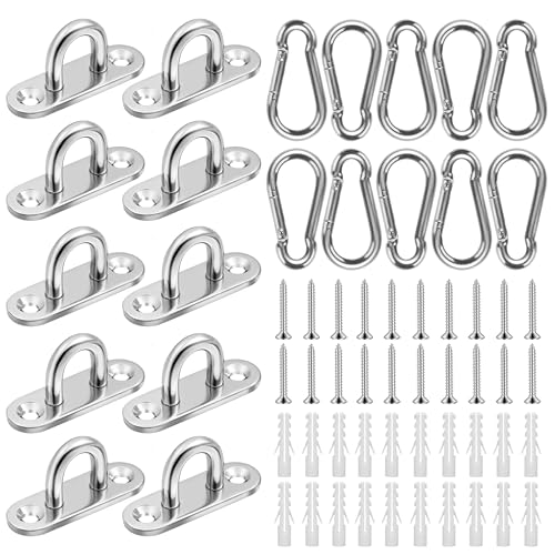 EUIOOVM 10 Stück Augplatte Edelstahl und 10 Stück Karabiner Edelstahl - M5 Augplatte mit Öse zum Aufhängen von Gegenständen, Befestigungshaken, Wandhalterung, Sonnensegel Befestigung, Deckenhaken