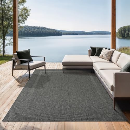 the carpet Mistra - robuster Teppich, modern, langlebig und pflegeleicht, In- und Outdoor, Wohnzimmer, ideal für Küche, Flur und Wintergarten, flachgewebt, Bordüre, Anthrazit, 80 x 200 cm