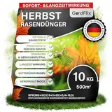 Herbstrasendünger Langzeitwirkung 10kg Sack für 500qm² | Rasendünger verdrängt Moos | Frostschutz & Winterfester Rasen | Staubarmer Granulat für Streuwagen & Handstreuer | Unbedenklich für Kind & Tier