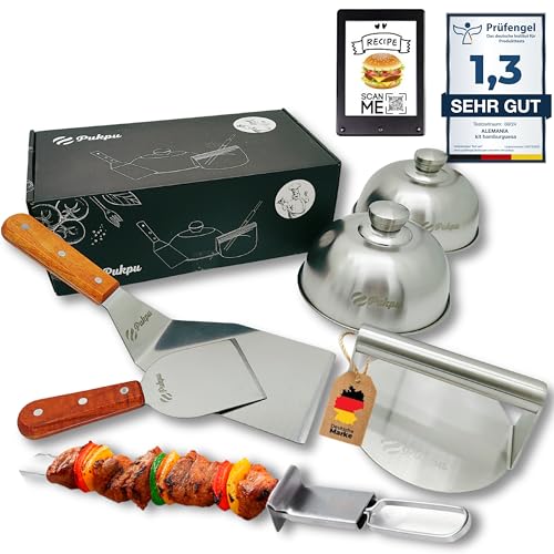 Pukpu - Smash Burger Set - Inkl. Burgerpresse, 2 Grillspachtel, 2 Burgerglocke und Grillspieße - Smash Burger Presse Grill BBQ Set - Patty Maker Grill - Geschenk-E-Book mit Rezepten