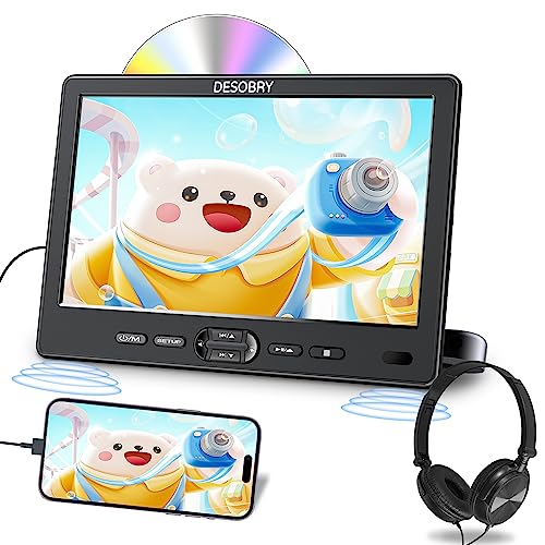 DESOBRY 10,5 Zoll Auto DVD Player mit Kopfstützenhalterung, tragbarer DVD-Player für Auto mit Kopfhörer, Disc-Eingang mit Saugnapf, Unterstützung von 1080P-Video, HDMI-Eingang, USB/SD-Kartenleser