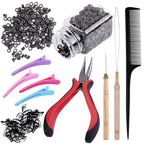 Duufin Microring Extensions Set mit 500 Dunkelbraun Microringe 1 Stück Microring Zange 2 Stück Microring Nadel 4 Stück Haarspange 1 Stück Kamm und Mini Haargummis für Haarverlängerung Extensions
