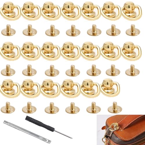 RXKFIGX 20 Stücke Nieten für Leder Ring Nieten mit Ring Gold Messing Nietbolzen Schraubenkopfknöpfe Messing Rivet Ring Für Gürtel Geldbörse Handtasche