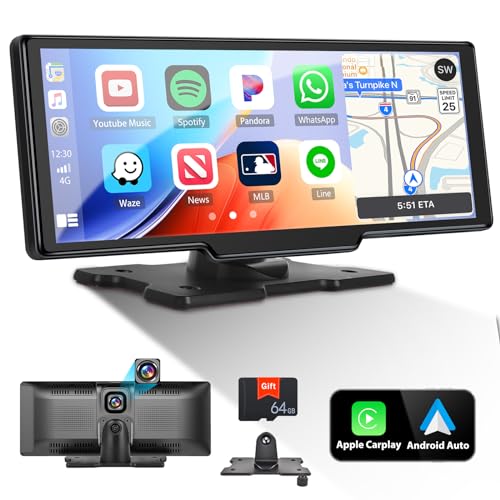 Wireless Carplay & Android Auro Tragbares Autoradio, 9,3 Zoll Auto Touchscreen Stereo mit 64G Karte Eingebaute Frontkamera Bluetooth FM Transmitter Sprachsteuerung Schleifenaufzeichnung Fit Trucks RVs