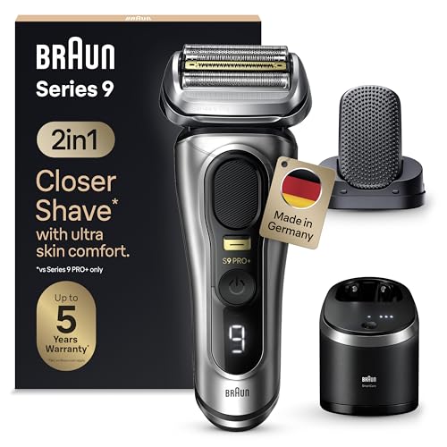 Braun Series 9 Pro+ Rasierer Herren Elektrisch, Elektrorasierer mit 5 Rasierelementen, ProComfort Aufsatz, 2-in-1-System, Reinigungsstation, 60 Min Laufzeit, Made in Germany, 9597cc, Silber