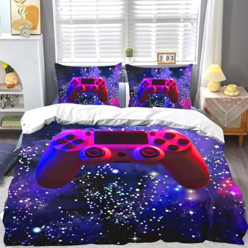 Nebel Gamepad Bettwäsche Set 135x200cm für Jungen & Teenager - Gamer Bettbezug Schwarz mit Spiel-Controller Motiv, Modernes Polyester Bettwäsche Set für Kinder & Männer und Kissenbezügen(80x80cm)