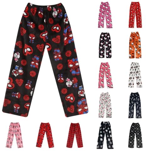 Pyjamahose Damen Lang, Pyjama Hose Damen Flanell Schlafanzughose Flauschig Schlafanzug Hosen Y2K Anime Cartoon Kuschelhose Zuhause Schlaf Schlafhose Bequeme Schlafanzughosen für Teenager Mädchen