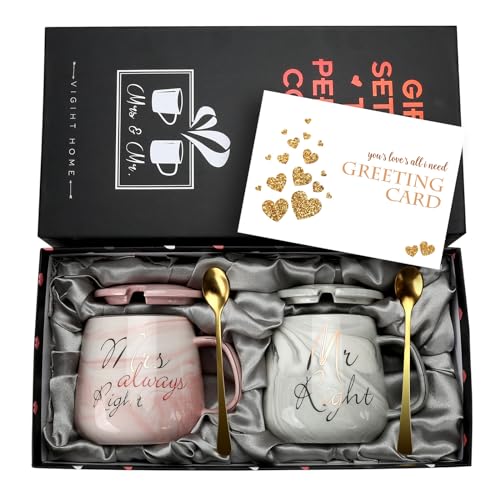 Mr Right und Mrs Always Right Kaffeetassen für Paare, Geschenk-Set für Verlobung, Hochzeit, Brautparty, Brautparty, Brautpaar für Brautpaare, Hochzeitstag, Keramik-Marmor, 370 ml, oval