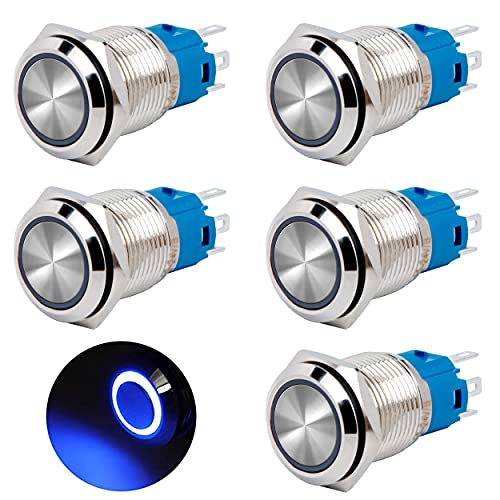 QIMEI-SHOP Druckschalter Wasserdicht 16mm Schalter 12-24 V 3A Momentanen Taster Druckknopfschalter Messing 5 Pin mit Blau Ring LED-Licht für Auto KFZ Boot Motorrad 5 Stück