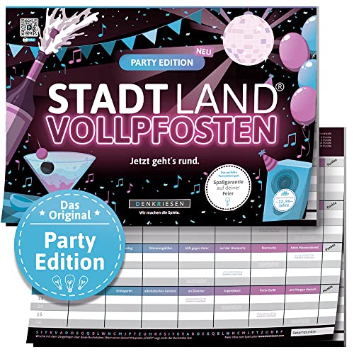 Stadt Land VOLLPFOSTEN® - Party Edition - Jetzt geht's rund. | Spielblock | Partyspiel | Geburtstagsgeschenk | Stadt Land Fluss