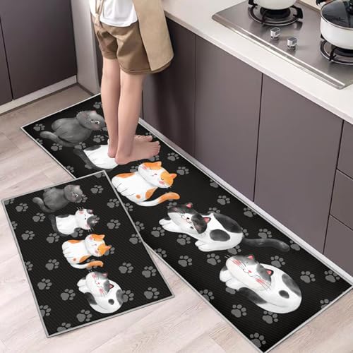 Hoimlm Küchenteppiche 2 Stück, Rutschfestes Küchenmatten,Wasser und Öl aufnehmen Küche Matten Fußmatte Teppich Set,Staubdicht Fußmatte für Drinnen (40x60+40x120cm, Kätzchen)