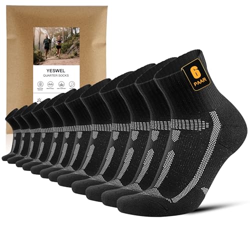 YESWEL 6 Paar Laufsocken Herren 43-46, Quarter Sportsocken mit Polsterung, Atmungsaktive Running Socken für Laufen,Sport (Schwarz)