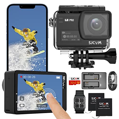 SJCAM SJ8Pro Action Cam 4K 60fps, 2.33'' Touchscreen Action Kamera 170° FOV 8X Zoom Sechs-Achsen EIS, Unterwasser 40M wasserdichte Helmkamera mit 32G SD Karte und Kits