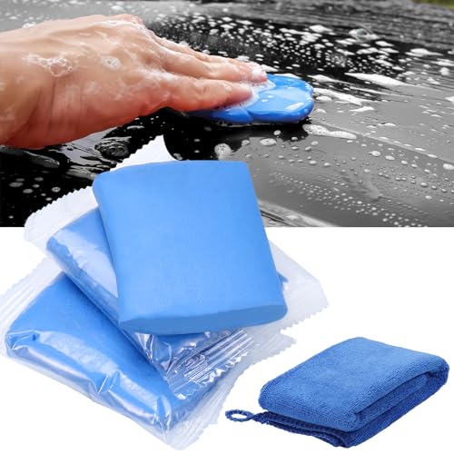 Huiguli Reinigungsknete Auto, 3 Stück Auto Reinigungsmasse mit Handtuch, Lackreinigungsknete zur Lackpflege, Magic Car Clay Bar für Autoreinigung Felgenreinigung (300g,Blau)