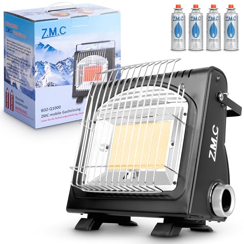 Z.M.C 2-in-1 Tragbare Gasheizung und Gaskocher + 4 Gaskartuschen 227g, Keramik Camping Heizung 1,7 kW, Gasheizer für Outdoor und Indoor, mobile Heizstrahler mit Piezozündung