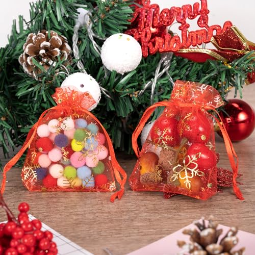 Geschenksäckchen Organza Säckchen 100 Stück Organza-säckchen geschenksäckchen Weihnachten Rot 10x15cm Kleine Geschenk Organzabeutel Schneeflocke Organza Beutelchen mit Kordelzug für Weihnachten