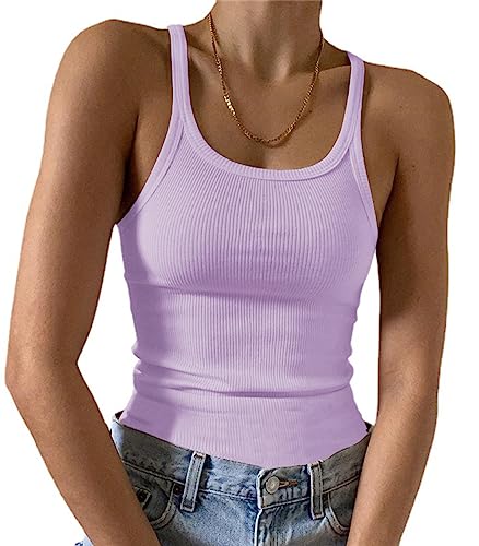 Artfish Ärmelloses Damen-Tanktop, figurbetont, U-Ausschnitt, gerippt, Basic-Cami-Shirts, 02# Volle Länge, Violett, X-Klein