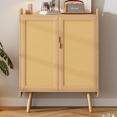 LUTUTU Schuhschrank,Sideboard Kommode mit 2 Türen, verstellbaren Regalböden und geflochtenem Rattan Design Schuhschrank,Metallgriffen und Massivholzfüßen