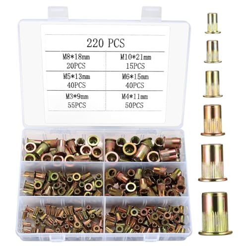 Nietmuttern Sortiment, 220 Stk Einnietmuttern Set, M3 M4 M5 M6 M8 M10 Runde Flachkopf Gewinde Rivet Nutsert Cap Muttern, Zugnietmutter Blindnietmuttern für Metallplatten, Rohre usw