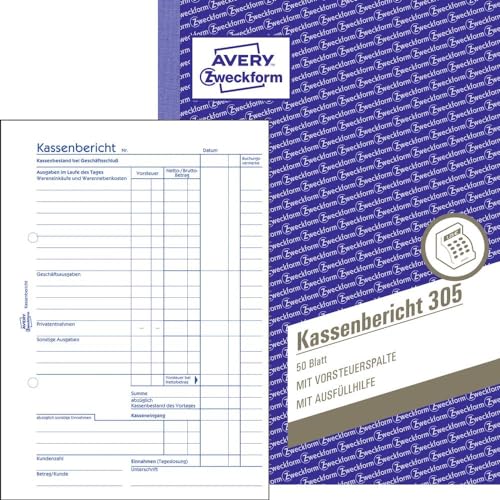 AVERY Zweckform 305 Kassenbericht (A5, 50 Blatt, mikroperforiert, retrograde Ermittlung der Tageseinnahmen, von Rechtsexperten geprüft, für DE/AT, zur ordnungsgemäßen Buchführung) weiß