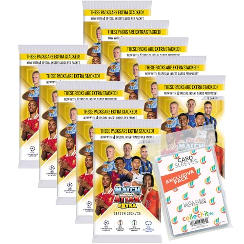 Bundle mit Match Attax Champions League 2024/25 EXTRA - Trading Cards - 10 Booster + Exklusive Collect-it Hüllen