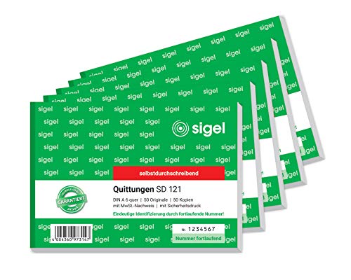 SIGEL SD121/5 Quittungsblock fortlaufend nummeriert, eindeutige 7stellige Nummer, A6 quer, 5 Stück, 2x50 Blatt, selbstdurchschreibend, aus nachhaltigem Papier