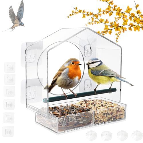 EXLECO Vogelhaus Fenster Futterhaus Transparent Acryl Vogelfutterspender Vogelhäuschen Vogelhaus Fensterscheibe Vogelhaus Balkon mit 4 Saugnäpfen 6 Haken für Meisen Spatzen Wildvögel