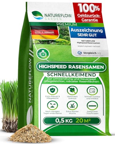 Rasensamen schnellkeimend Frühjahr 0,5kg 20qm - TEST SEHR GUT - Schnell wachsende Rasen Nachsaat Made in Germany - Premium Grassamen schnellkeimend - Rasensaat für sattgrünen Traumrasen