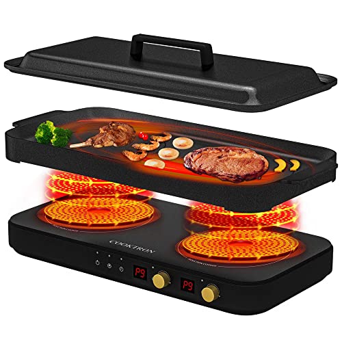 COOKTRON Portable Induktionskochfeld 2 Brenner mit abnehmbarem Eisen Guss Grillpfanne Antihaft, 2800W Doppelinduktionskochfeld mit Kindersicherung Zeit, ideal für Familienfeier