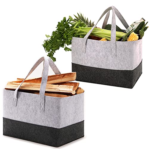 2 Stück Filz Shopper Einkaufstasche Groß, Faltbar Holzkorb aminholztasche faltbare Tragetasche Einkaufstasche Filzkorb Brennholz zur Aufbewahrung 38 x 25x25cm