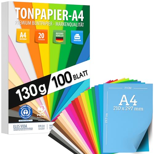 100 Blatt TONPAPIER - Buntes Papier DIN A4-130g/m² Set 20 Farben – Stabil Bastelpapier & Farbige Blätter, Kinder & DIY Bogen, Zubehör zum Basteln - BLAUER ENGEL & PEFC zertifiziert