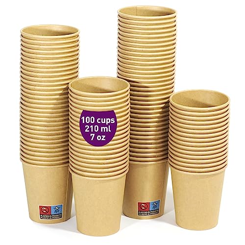 100 Einweg-Kraftpapierbecher 210 ml / 7 oz. Robust, auslaufsicher. Ideal für Kaffee, Tee und Erfrischungsgetränke. Geruchsfrei. Kraftbecher