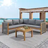 Merax Gartenmöbel-Set, Ecksofa + Couchtisch aus Akazienholz, Lounge Möbel mit geflochtenes Seilhandwerk, bequemes Kissen, für Garten, Terrasse und Balkon, Grau