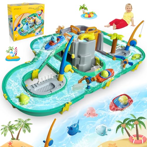 JONRRYIN Wassertisch Spielzeug, Wassertisch Kinder Draußen Spielzeug, Strandspielzeug Wasserbahn Set Wasserpark Spielset mit 2 Booten und Angelfunktion, Sommer Wasserspielzeug für Kinder 3+ Jahr