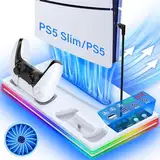 3 in 1 PS5 Ständer mit PS5 Controller Ladestation und 3 Stufig Lüfter, PS5 Standfuß für Playstation 5 Slim&Standard Disc/Digital-Konsole, PS5 Kühler mit 10 RGB-Lichter und 2 USB-Anschlüsse