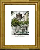 Kunstverlag Christoph Falk Handkolorierte Radierung Düsseldorf, Radschläger Brunnen im Rahmen Gold