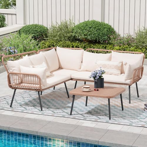 OC Orange-Casual 4-TLG Garten Lounge Set, Outdoor Rattan Sofa Set mit Couchtisch und Sitzkissen, 3 Packet insgemst, L-förmige Terrasse Unterhaltungssets für Terrasse, Balkon, Garten, (Creame Beige
