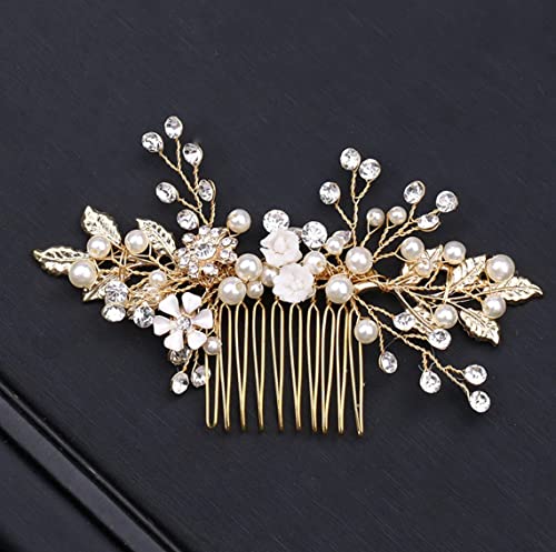 Haarschmuck Hochzeit, Braut Haarschmuck Blumen mit Perlen Kristall, Handgefertigt Eleganter Braut Haarkamm/Kopfschmuck/Haarclip für Damen und Frauen,Gold