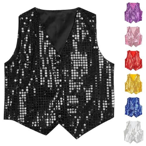 Pailletten Weste Damen, Glitzer Weste Herren Silber: Glitzer Ärmellos Anzugweste Party Karneval Cosplay Tanzkostüm Vintage Revers Paillettenweste V Ausschnitt Gilet 70Er Ärmellos Glitzer Weste