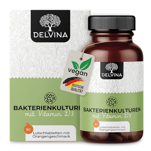 DELVINA Mundgeruch bekämpfen - 90 Lutschtabletten für Mundhygiene ohne Mundspülung und Zungenreiniger - Frischer Atem - Bakterienkulturen mit Vitamin D3 gegen Mundgeruch, Orange (90 Kapseln - 90 Tage)