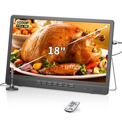 DESOBRY 18-Zoll Kleiner Fernseher mit Antenne, Tragbarer Fernseher mit Freeview DVB/T2 Tuner, HD 1080P Mini TV LCD Monitor, Eingebauter 180° Verstellbarer Ständer, Unterstützt USB/HDMI/AV Eingänge