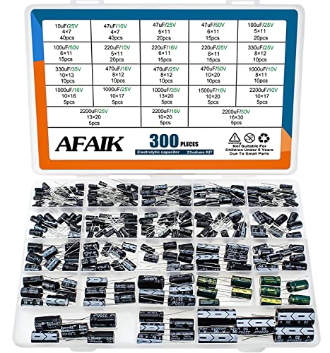 Elkos Kondensator 23 Wert 300 Stück Elkos Kondensator Sortiment Elektrolytkondensator Set von 10uF bis 2200uF 10V 16V 25V 35V 50V Elko Kondensatoren Aluminium Capacitor Kit mit Aufbewahrungsbox