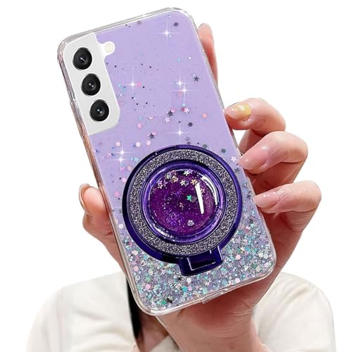 Tivenfezk Nadoli Sparkle Treibsand Ständer Hülle für Samsung Galaxy S22 Plus,Versteckt Ständer Ring Klar Glitzer Stern Handyhülle Durchsichtig Bling Schutzhülle Case Cover,Lila