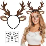 iZoeL Karneval Kostüm Damen Mädchen, Haarreif Reh Geweih Hörner Rehohren + Reh Gesichtstattoo, Damen Kinder Reh kostüm Kopfschmuck Haarreifen Fasching Mottoparty Halloween Kostüm