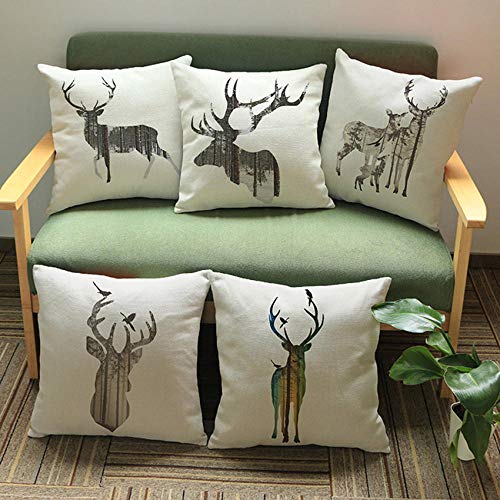 JWEK Kissenbezug 5-teiliges Set Weihnachten Rentierkopf Dekoration Sofa Kissen Sofa Creme Leinen Hirsch Animal Print Hug Kissenbezug 45X45Cm