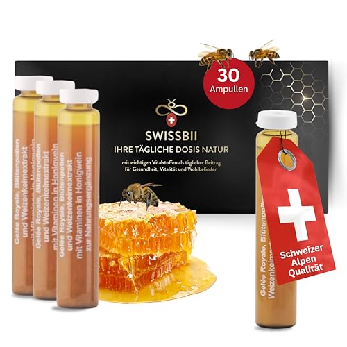 SwissBii Gelee Royale vital Monatspackung – 100% Rein, Reich an Vitaminen. Zur Unterstützung von Energie, Immunität und Hautgesundheit, natürliche & hochwertige Vitamine Trinkelexier mit Honigwein