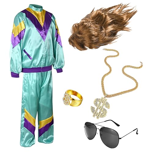 Kostümheld® 6 in 1 Vokuhila Set 80er Outfit Kostüm mit Unisex Trainingsanzug, Assi Perücke, Goldkette, Brille - für Fasching & Karneval (170-190 cm)